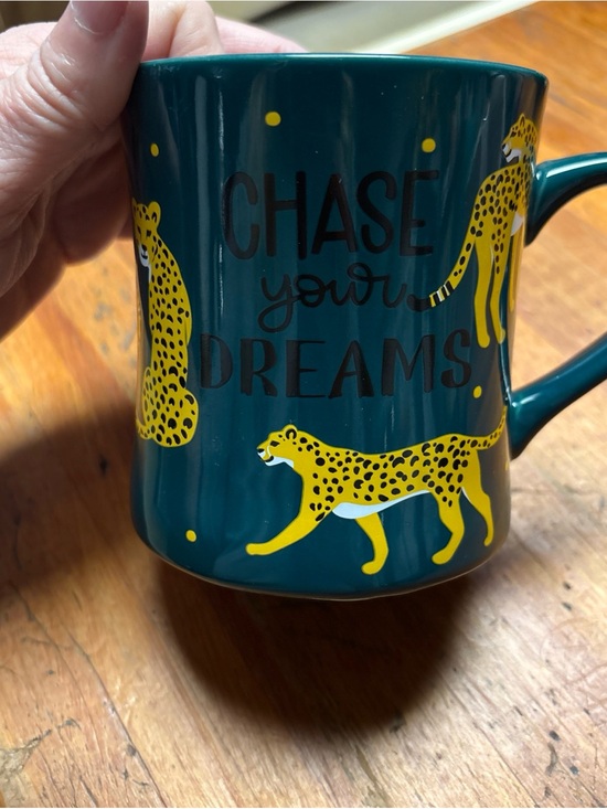 True Living Other - Teal Ceramic Mug with Yellow Cheetah Design - Chase Your Dreams